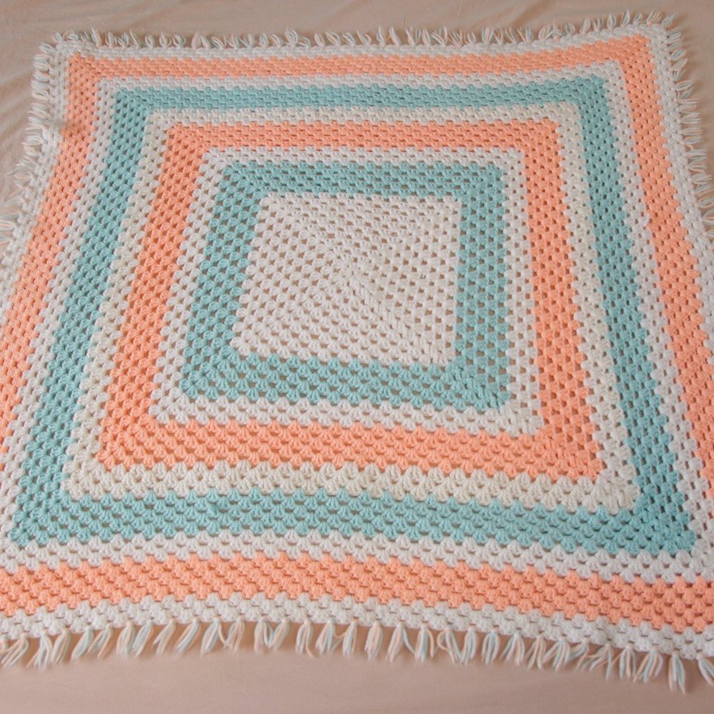Vintage Handmade Handknit Peach, Blue & White Afghan Baby Blanket 38" x 38"
